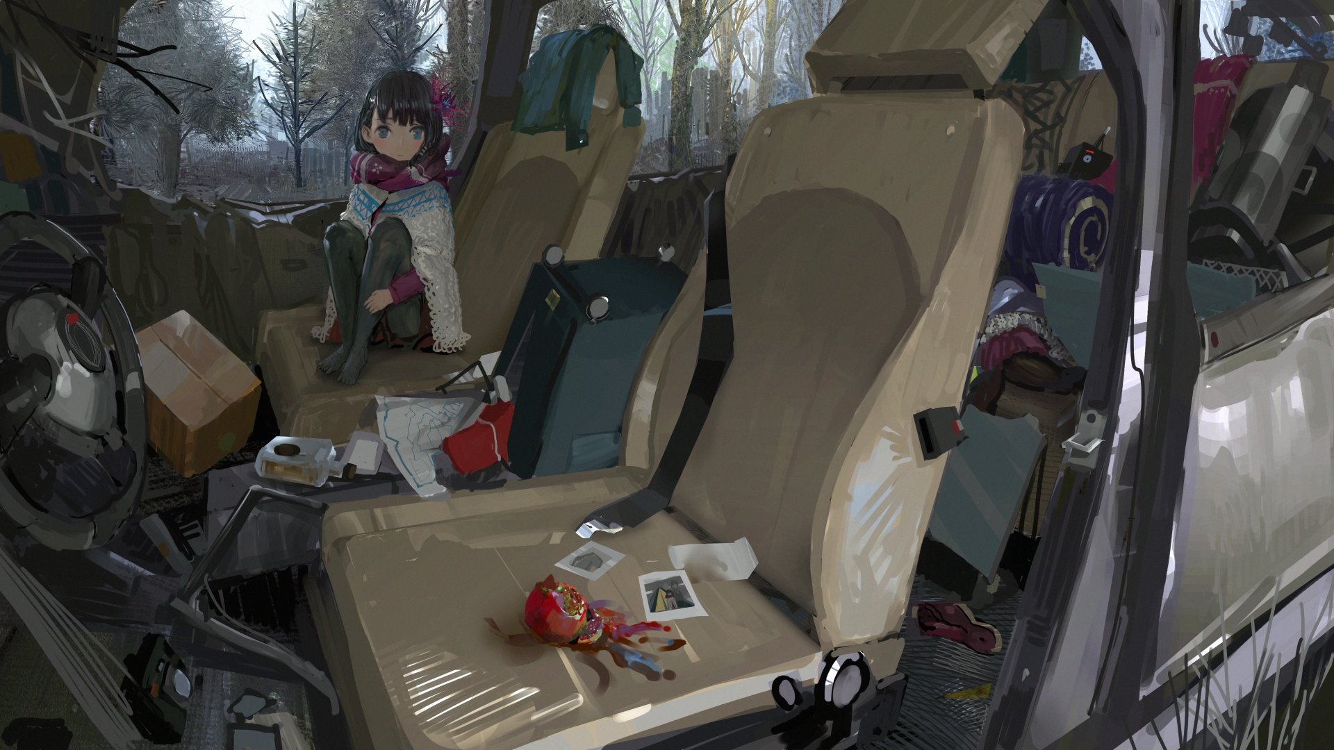 Anime wallpaper featuring a character with blue hair and a scarf inside a car with various items scattered around. The background includes a snowy, wooded area seen through the car windows.