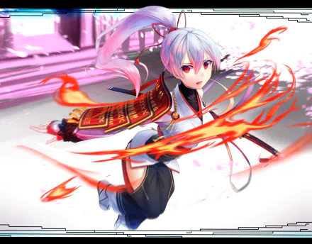 Tomoe Gozen from Fate/Grand Order depicted in dynamic anime style with fiery effects, designed as a vibrant 4K Ultra HD PC desktop wallpaper and background.