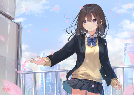 HD anime-style original artwork of a girl with dark hair in school uniform standing outdoors with cherry blossom petals floating around, designed as a PC desktop wallpaper.