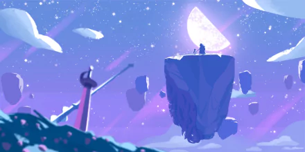 HD desktop wallpaper featuring Pearl and Rose Quartz from Steven Universe on a floating island beneath a glowing moon in a starry night sky.
