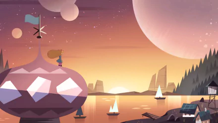 HD PC desktop wallpaper of Butterfly Castle at sunset from the TV show Star vs. the Forces of Evil, featuring Star Butterfly overlooking a serene lake with sailboats.