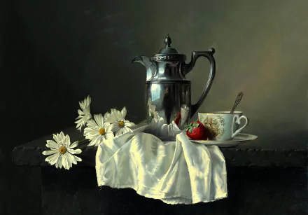 HD PC desktop wallpaper featuring a still life photograph of a silver teapot, white cup with strawberries, daisies, and a draped white cloth against a dark background.