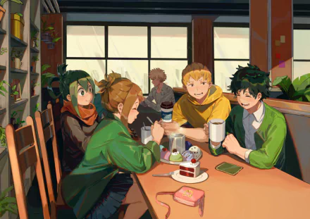 This HD desktop wallpaper features characters Katsuki Bakugou, Mashirao Ojiro, Tsuyu Asui, Ochaco Uraraka, and Izuku Midoriya from the anime My Hero Academia enjoying a relaxed moment in a café.