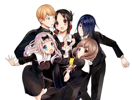 HD desktop wallpaper featuring characters Miko Iino, Yu Ishigami, Miyuki Shirogane, Chika Fujiwara, and Kaguya Shinomiya from the anime Kaguya-sama: Love is War posing together in their school uniforms.