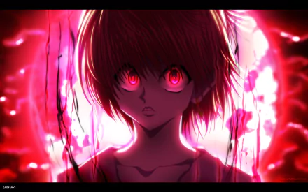HD PC desktop wallpaper featuring Kurapika from Hunter × Hunter with intense red eyes and a glowing red background, capturing the anime's dramatic style.