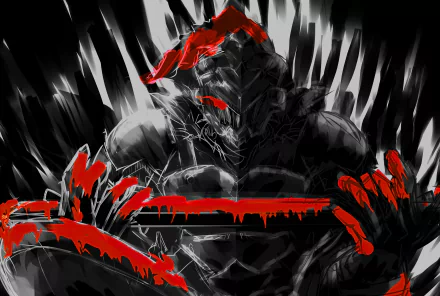Dark armored figure from Goblin Slayer grips a bloodied sword, set against a dramatic black and white background in this 4K Ultra HD anime wallpaper.