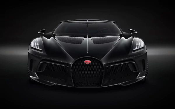 HD desktop wallpaper featuring a sleek black Bugatti La Voiture Noire sports car against a dark background, highlighting its elegant design and powerful stance.