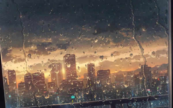 A stunning HD anime cityscape wallpaper featuring a rainy sunset view through a window with droplets on the glass, creating a serene atmosphere.