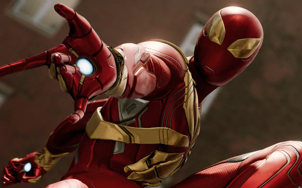 Iron-Spider in dynamic pose from Spider-Man (PS4) video game, showcased in 4K Ultra HD as a PC desktop wallpaper.