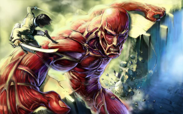 HD desktop wallpaper of Attack on Titan featuring Bertolt Hoover in the Colossal Titan form battling Eren Yeager. The intense scene captures the thrilling action of the anime.