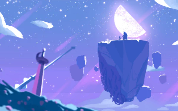 HD desktop wallpaper featuring Pearl and Rose Quartz from Steven Universe on a floating island beneath a glowing moon in a starry night sky.