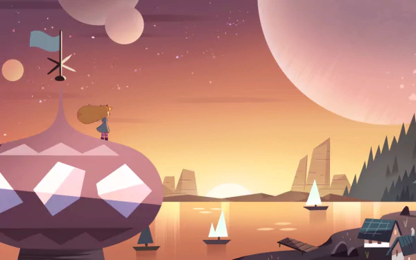 HD PC desktop wallpaper of Butterfly Castle at sunset from the TV show Star vs. the Forces of Evil, featuring Star Butterfly overlooking a serene lake with sailboats.