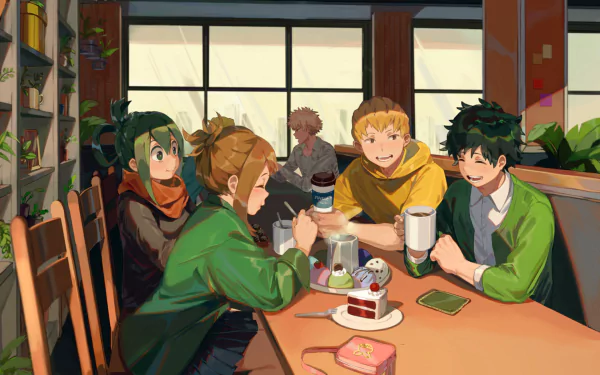 This HD desktop wallpaper features characters Katsuki Bakugou, Mashirao Ojiro, Tsuyu Asui, Ochaco Uraraka, and Izuku Midoriya from the anime My Hero Academia enjoying a relaxed moment in a café.