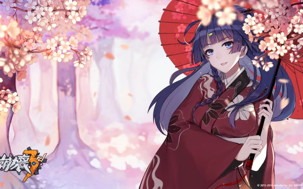 HD desktop wallpaper featuring Raiden Mei from Honkai Impact 3rd, adorned in a red outfit with an umbrella, set against a backdrop of blooming cherry blossoms.