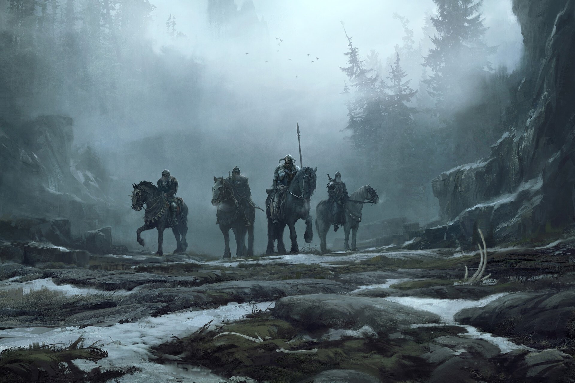 A fantasy warrior scene featuring four horse-mounted warriors crossing a misty, rugged landscape, designed as an HD PC desktop wallpaper and background.