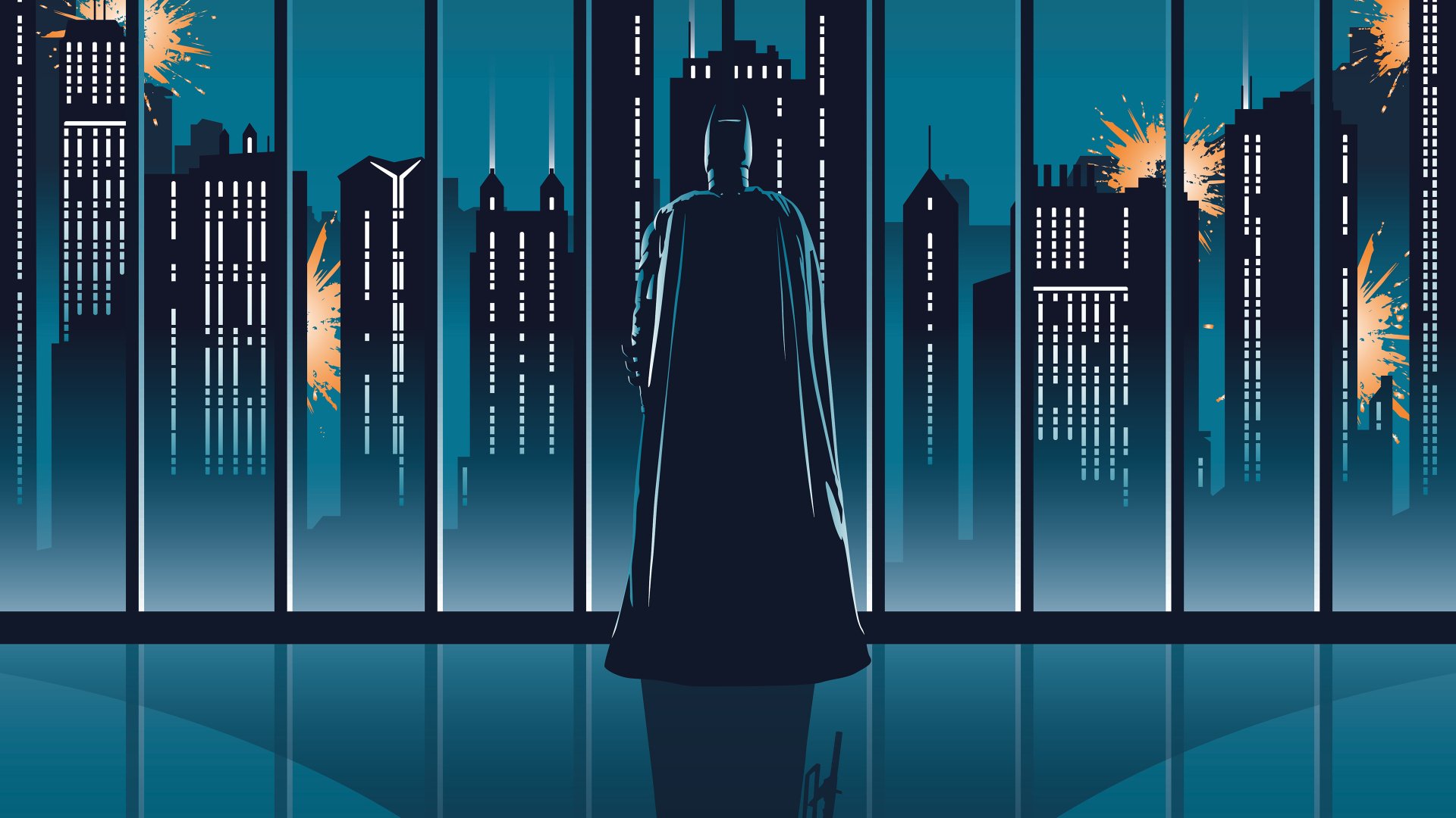4K Ultra HD DC Comics Batman comic-style wallpaper featuring Batman silhouetted against a city skyline with explosions in the background, designed for PC desktops.