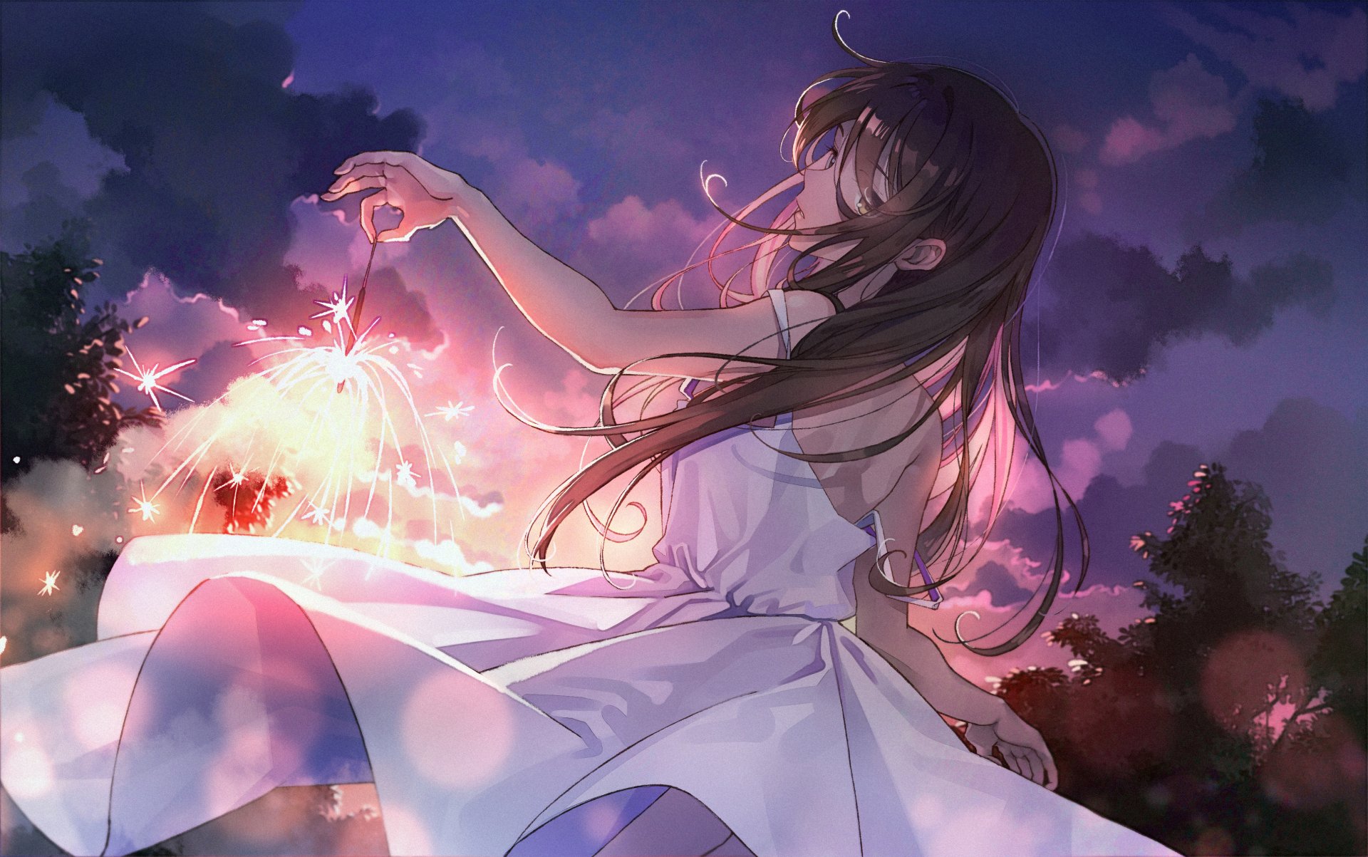 Anime-style HD desktop wallpaper featuring a long-haired girl with brown hair and brown eyes, glowing softly against a twilight sky with sparkles.