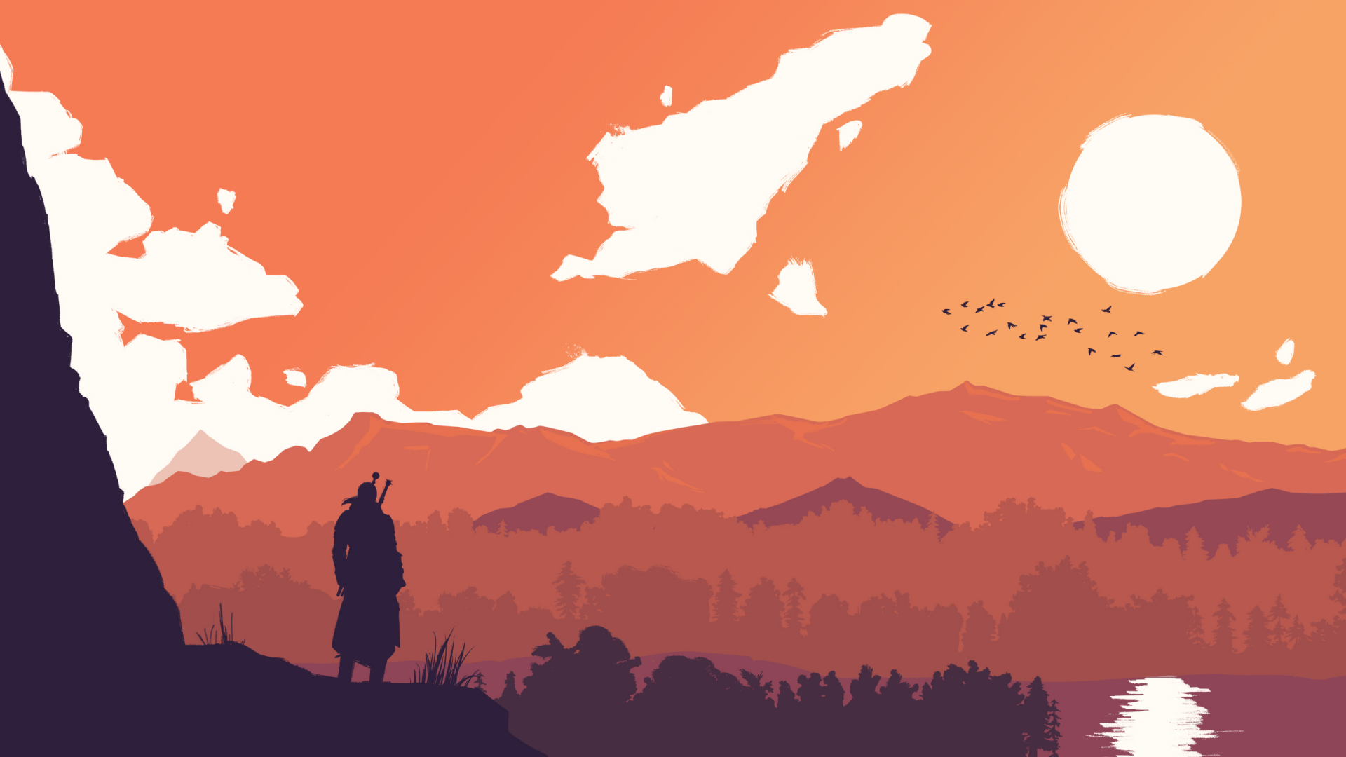 HD desktop wallpaper featuring a silhouette of a character from The Witcher 3: Wild Hunt, standing on a cliff against an orange sunset backdrop with mountains and trees.