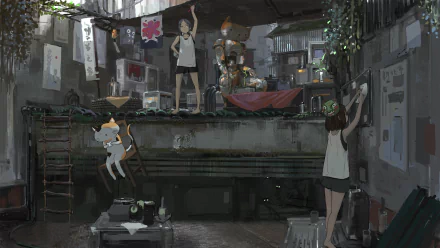 Anime-style HD wallpaper showcasing a cozy, cluttered apartment with a cat, two girls, and a mix of everyday objects and greenery.