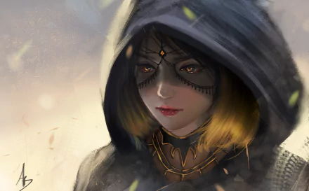 A fantasy-themed HD wallpaper featuring a mysterious woman in a hood with intricate face markings and a somber expression.