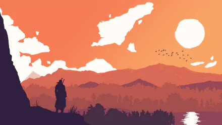 HD desktop wallpaper featuring a silhouette of a character from The Witcher 3: Wild Hunt, standing on a cliff against an orange sunset backdrop with mountains and trees.