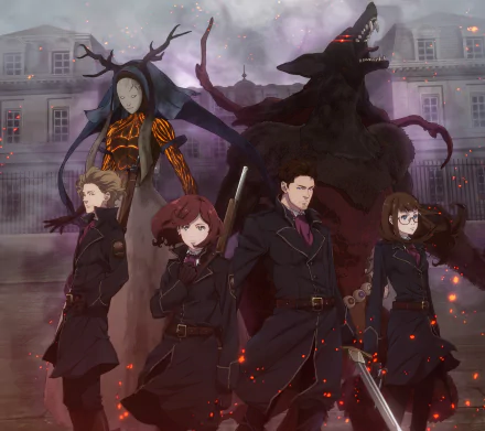 HD PC wallpaper featuring Clara Kisenaria, Serge Tovah, Free Underbar, and Marlya Noel from the anime Fairy Gone, set against a dark, eerie background.