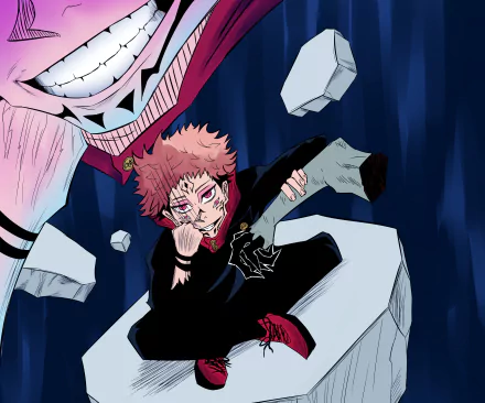 HD PC desktop wallpaper featuring Yuji Itadori from the anime Jujutsu Kaisen in an intense action pose with dynamic shattered rock elements.