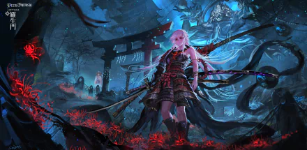 A vivid 4K Ultra HD anime-style PC wallpaper from Pixiv Fantasia Last Saga, featuring a warrior with pink hair standing in a mystical, dark forest with glowing red accents.