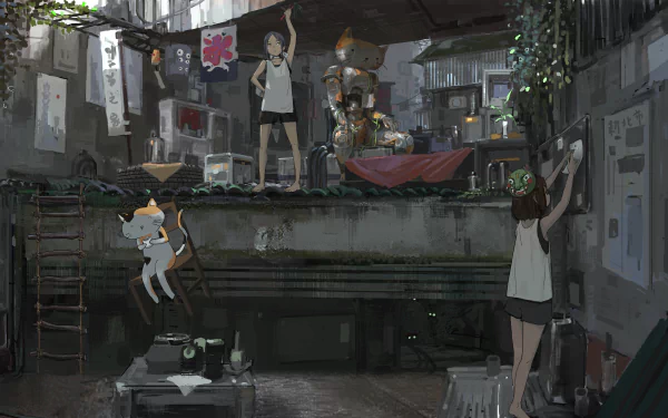 Anime-style HD wallpaper showcasing a cozy, cluttered apartment with a cat, two girls, and a mix of everyday objects and greenery.
