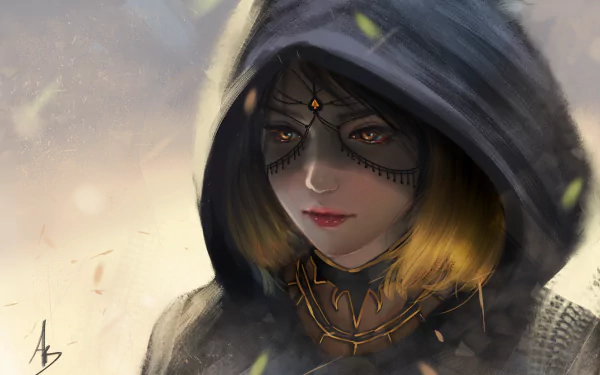 A fantasy-themed HD wallpaper featuring a mysterious woman in a hood with intricate face markings and a somber expression.