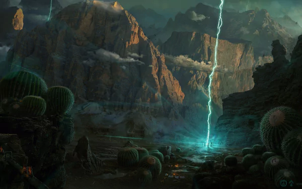 A high-definition fantasy desktop wallpaper featuring a dramatic desert landscape with cacti, mountains, and a glowing portal emitting a vertical stream of light amidst a cloudy sky.