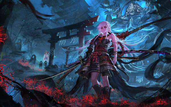 A vivid 4K Ultra HD anime-style PC wallpaper from Pixiv Fantasia Last Saga, featuring a warrior with pink hair standing in a mystical, dark forest with glowing red accents.